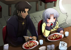  1boy 1girl angel_beats! black_eyes black_hair black_jacket blush brown_eyes commentary_request cross cross_necklace crossover eating fate/stay_night fate_(series) food glass grey_hair hand_up highres holding holding_spoon indoors jacket jewelry kotomine_kirei long_sleeves looking_at_another mapo_tofu medium_hair neck_ribbon necklace nose parted_bangs priest ribbon school_uniform side-by-side sidelocks sitting spoon tachibana_kanade trait_connection upper_body v-shaped_eyebrows yamany yellow_eyes yellow_jacket yellow_ribbon 