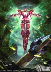 building check_commentary commentary_request company_name copyright_logo copyright_name floating full_body glowing glowing_eyes gn_particles gn_sword gundam gundam_00 gundam_card_game gundam_exia light_particles logo mecha mobile_suit no_humans official_art petals robot science_fiction solo sword toriyufu trans-am v-fin weapon 