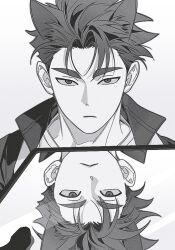  1boy animal_ears cat_boy cat_ears collared_jacket expressionless guardians_of_the_videogame it's_all_a_matter_of_angle_(meme) jacket kemonomimi_mode male_focus meme mirror monochrome open_clothes open_jacket patch_(guardians_of_the_videogame) reflection serious shirt simple_background solo spiky_hair split_image ttalgi_bab upper_body upside-down white_background white_shirt 