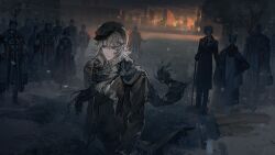  animal_ears arknights artist_request bear_boy bear_ears black_hat black_scarf black_vest blonde_hair blue_eyes brown_coat building city coat drill_hair drill_sidelocks fyodor_vladimirovich_(arknights) game_asset hair_between_eyes hat highres medium_hair official_art people sad scarf sidelocks single_sidelock solo_focus third-party_source tree vest 