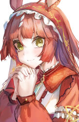  1girl absurdres ahoge animal_ears blunt_bangs blunt_ends blunt_sidelocks blush brown_headdress closed_mouth commentary_request dress frilled_hairband frills hair_between_eyes hairband highres horse_ears horse_girl interlocked_fingers layered_hair long_hair long_sleeves looking_at_viewer own_hands_clasped own_hands_together red_desire_(divine_raiment)_(umamusume) red_desire_(umamusume) red_dress red_hair red_hairband red_headdress red_veil sidelocks smile solo star_ornament umamusume upper_body veil x_1031_xter yellow_eyes 