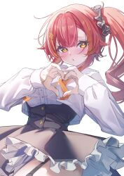  1girl black_skirt blush commentary_request hair_ornament heart heart-shaped_pupils heart_hands highres kurumi_tsuchi long_sleeves looking_at_viewer multicolored_hair nekota_tsuna orange_eyes orange_hair red_hair shirt side_ponytail skirt solo streaked_hair symbol-shaped_pupils two-tone_hair virtual_youtuber vspo! white_background white_shirt 