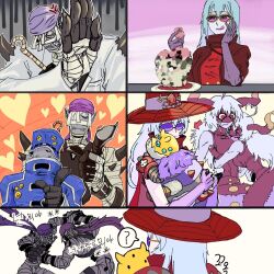  >_< 2boys 2girls ? age_progression anger_vein angry arachne archnemon archnemon_(human_form) arrow_(symbol) arthropod_girl bandages bandana blue_hair clenched_teeth closed_eyes commentary_request dessert digimon digimon_(creature) drakeposting_(meme) enodgmxa food gloves hat heart highres horns hug interlocked_fingers jacket kodokugumon korean_commentary licking_lips lipstick long_hair makeup meme monster_girl multiple_boys multiple_girls mummymon plate pointy_ears purple-tinted_eyewear red_eyes sharp_teeth simple_background spider_girl spoken_question_mark sunglasses taur teeth tinted_eyewear tongue tongue_out violet_eyes white_hair wide_brim 