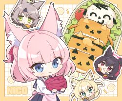  4girls ahoge animal_ear_fluff animal_ears apron bento black_hair black_sailor_collar blonde_hair blue_archive blue_eyes blue_halo blue_sailor_collar blush brown_hair chibi commentary_request food food_art food_request fox_ears fox_girl fox_platoon_(blue_archive) gloves green_eyes green_halo hair_between_eyes halo highres holding holding_bento implied_extra_ears korean_commentary kurumi_(blue_archive) long_hair long_sleeves looking_at_viewer lunchbox multiple_girls neckerchief niko_(blue_archive) otogi_(blue_archive) pink_hair red_eyes red_gloves red_halo red_neckerchief rice sailor_collar school_uniform serafuku shirt short_hair skirt smile sucong two_side_up white_shirt wrapped_bento yukino_(blue_archive) 