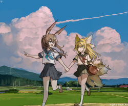  2girls alternate_costume amiya_(arknights) animal_ears arknights bag black_skirt blonde_hair blue_eyes brown_hair chinese_commentary clouds commentary_request contemporary fox_ears fox_girl fox_tail green_eyes hairband holding_hands kuroinu9 long_hair multiple_girls neckerchief outdoors pleated_skirt rabbit_ears school_uniform serafuku shirt shoes shoulder_bag skirt sky socks suzuran_(arknights) tail white_shirt 