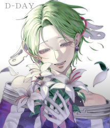  1girl bare_shoulders blue_eyes commentary_request dress earrings flower gloves gnosia green_hair highres jewelry korean_commentary leotab12 looking_at_viewer makeup short_hair simple_background sleeveless sleeveless_dress smile solo stella_(gnosia) upper_body 