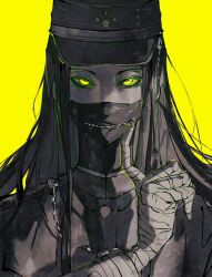  1boy bandaged_hand bandages black_hair black_mask chain collared_jacket covered_mouth danganronpa_(series) danganronpa_v3:_killing_harmony gakuran glowing glowing_eyes haidai_qingtang_(biology447) hat jacket long_hair long_sleeves looking_at_viewer male_focus mask military_hat military_uniform mouth_mask school_uniform shinguji_korekiyo sun_symbol yellow_background yellow_eyes zipper zipper_pull_tab 