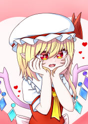  1girl absurdres ascot back_bow blonde_hair bow collared_shirt commentary crystal crystal_wings eroelu fangs flandre_scarlet frilled_shirt_collar frills hands_on_own_cheeks hands_on_own_face hat hat_bow heart highres mob_cap multicolored_wings one_side_up pink_bow pointy_ears puffy_short_sleeves puffy_sleeves red_bow red_eyes red_vest shirt short_sleeves solo touhou vest white_hat white_shirt wings yellow_ascot 