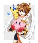  1boy 1other angel_wings blue_eyes blush brown_hair copy_ability feathered_wings haruhi_(xy161027z) hat jewelry kid_icarus kirby kirby_(series) long_hair open_mouth pikachu pit_(kid_icarus) pokemon pokemon_(creature) short_hair smile super_smash_bros. wings 