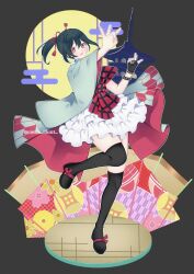  1girl absurdres black_background black_hair black_shoes black_socks cloak full_moon green_cloak highres itoshiki_yume_yo_izanaite kyoto love_live! love_live!_nijigasaki_high_school_idol_club love_live!_nijigasaki_high_school_idol_club_the_movie_-_finale mifune_shioriko moon nitamago_rinko open_mouth ponytail red_eyes red_ribbon ribbon shoes short_hair skirt socks solo stage white_skirt 