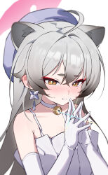  1girl absurdres animal_ears bell blue_archive closed_mouth dress elbow_gloves gloves grey_hair halo hat highres long_hair michiru_(blue_archive) michiru_(dress)_(blue_archive) neck_bell pink_halo purple_hat raccoon_ears raccoon_girl shanqianqian_377 solo upper_body white_dress white_gloves yellow_eyes 