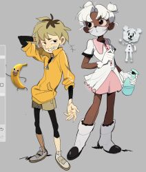  1boy 1girl 2girls arm_behind_head arrcticc_fish artist_self-insert banana banana_joe_(tawog) black_eyes blonde_hair boots bottle brown_eyes brown_hair brown_shorts collared_dress commentary dark-skinned_female dark_skin double_bun dress english_commentary food freckles fruit full_body genderswap gloves grey_background hair_bun highres holding holding_bottle humanization jacket leggings long_sleeves looking_at_another looking_to_the_side mask mouth_mask multicolored_hair multiple_girls orange_jacket parted_bangs personification pink_skirt reference_inset shirt shoes short_hair short_sleeves shorts simple_background skirt smile standing surgical_mask teeth teri_(tawog) the_amazing_world_of_gumball two-tone_hair white_dress white_gloves white_hair white_mask yellow_jacket zipper zipper_pull_tab 