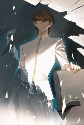  1boy blue_eyes broken_glass brown_hair chair closed_mouth collared_jacket commentary_request frown glass hair_between_eyes highres inkerpape jacket kaiba_seto long_sleeves male_focus office_chair pants short_hair solo standing swivel_chair white_jacket white_pants yu-gi-oh! yu-gi-oh!_duel_monsters zipper 