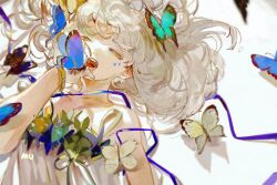  1girl :o ;o black_butterfly blue_butterfly blue_ribbon bug butterfly butterfly_on_hand chinese_commentary commentary_request dress dress_ribbon gold_bangle green_butterfly green_eyes green_ribbon leaf long_hair lying muyihui on_back one_eye_closed open_mouth original ribbon signature simple_background solo upper_body white_background white_dress white_hair 