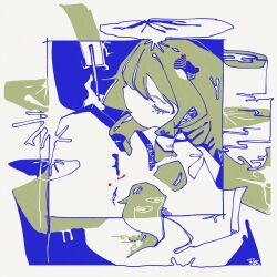  1girl 3ma_can_omochi abstract closed_eyes commentary_request frog_hair_ornament from_side gohei green_hair hair_ornament hair_tubes highres holding holding_gohei kochiya_sanae limited_palette long_hair parted_lips solo touhou upper_body 