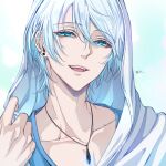  1boy bishounen collarbone ear_piercing glowing hair_between_eyes half-closed_eyes highres jacket jewelry looking_down makura_wet necklace open_mouth original piercing smile solo upper_body 