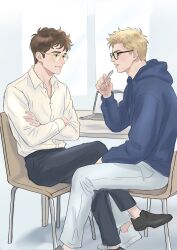  2boys animification bespectacled black_pants black_shoes blonde_hair blue_eyes blue_hoodie brown_eyes brown_hair charles_leclerc closed_mouth collared_shirt commentary computer crossed_arms crossed_legs english_commentary eye_contact formula_one glasses highres holding holding_pen hood hood_down hoodie indoors laptop long_sleeves looking_at_another male_focus max_verstappen multiple_boys open_collar pants pen real_life shirt shoes short_sideburns sideburns sitting smile table wavy_hair white_pants window wing_collar xtmetric 