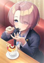 1girl arimura_mao black_cardigan blonde_hair cardigan closed_mouth collared_shirt commentary food gakuen_idolmaster hair_over_one_eye highres holding holding_spoon idolmaster looking_at_viewer pudding shirt smile solo spoon taba_neruko violet_eyes white_shirt 