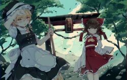  2girls apron bad_link black_hat black_vest blonde_hair broom brown_eyes brown_hair detached_sleeves gohei hakurei_reimu hat highres kirisame_marisa ksenia_aykharova multiple_girls nontraditional_miko red_vest ribbon-trimmed_sleeves ribbon_trim sleeveless torii touhou tree vest white_apron witch witch_hat yellow_eyes 