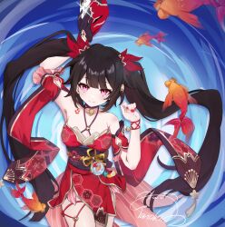  1girl absurdres bare_shoulders bell black_choker black_gloves black_sash brown_hair butterfly-shaped_pupils choker commentary_request criss-cross_halter diamond_(shape) diamond_facial_mark dress facial_mark flower_tattoo fox_mask gloves halterneck heart heart_facial_mark highres honkai:_star_rail honkai_(series) long_hair looking_at_viewer mark_under_both_eyes mask mask_on_head neck_bell pink_eyes red_dress red_sleeves sash single_glove smile solo sparkle_(honkai:_star_rail) symbol-shaped_pupils tanoki233 tattoo twintails very_long_hair 