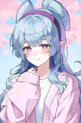  1girl absurdres blue_hair blush breasts closed_mouth commentary_request genshin_impact hair_ornament hairband highres jacket long_hair looking_at_viewer pink_jacket pink_sweater pointy_ears purple_hairband shirt smile solo sweater symbol-shaped_pupils violet_eyes white_shirt y91210666 yumemizuki_mizuki 