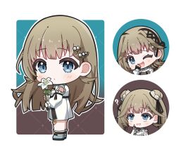  1girl blue_eyes brown_hair chibi chibi_only commentary_request dress flower hanabusa_lisa hanabusa_lisa_(1st_costume) highres holding holding_flower kiwipodo light_blush lily_(flower) long_hair looking_at_viewer outline pearl_hair_ornament simple_background virtual_youtuber vspo! white_dress white_outline 