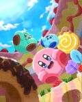  biting blush cake candy closed_eyes clouds cloudy_sky day desert doughnut eating flying food fruit happy highres kirby kirby&#039;s_dream_buffet kirby_(series) lollipop miclot open_mouth sky sparkling_eyes strawberry sun sunlight tongue 