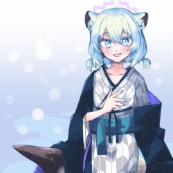  1girl :d abstract_background absurdres alternate_costume alternate_hairstyle amatsuba8586 animal_ear_fluff animal_ears bath_yukata blue_archive blue_background blue_eyes blue_hair blue_halo blue_haori blue_kimono blue_nails collarbone commentary_request facing_viewer gradient_eyes halo haori highres japanese_clothes kimono long_sleeves looking_at_viewer medium_hair multicolored_eyes obi open_mouth sash shigure_(blue_archive) shigure_(hot_spring)_(blue_archive) short_twintails smile solo twintails violet_eyes weasel_ears weasel_girl yukata 