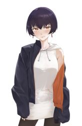  1girl absurdres black_hair black_jacket black_pantyhose chang_chin-lan closed_mouth cowboy_shot drawstring earrings highres hood hoodie jacket jewelry kamiina_botan_yoeru_sugata_wa_yuri_no_hana looking_at_viewer muimi off_shoulder orange_eyes pantyhose short_hair simple_background sleeveless sleeveless_hoodie smile solo white_background white_hoodie 