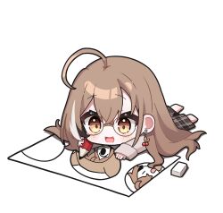  1girl :d ahoge berry brown_eyes brown_hair brown_hoodie brown_skirt chibi chibi_only crossed_bangs double-parted_bangs drawing_(action) drawing_(object) earrings eraser food-themed_earrings highres holding holding_pencil hololive hololive_english hood hoodie jewelry kiwipodo long_hair long_skirt long_sleeves lying multicolored_hair nanashi_mumei nanashi_mumei_(casual) official_alternate_costume on_stomach paper pencil plaid_clothes plaid_skirt skirt sleeves_past_wrists smile streaked_hair very_long_hair virtual_youtuber wide_sleeves 
