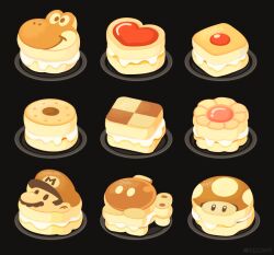  artist_name black_background bob-omb bomb candy chocolate commentary_request cookie cream explosive flower-shaped_food food food_focus heart heart-shaped_chocolate heart-shaped_food jam mario mushroom no_humans rizu_(rizunm) simple_background still_life super_mario_bros. super_mushroom yoshi 