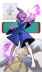  1boy 1girl barefoot beanie blue_romper breasts brendan_(pokemon) derivative_work floating hat highres jacket long_sleeves looking_at_viewer medium_breasts one_eye_closed pixel_art pixel_art_inset poke_ball poke_ball_(basic) pokemon pokemon_ruby/sapphire/emerald psychic_(pokemon) purple_hair red_eyes reference_inset romper shakeeeeeeeee solo_focus sprite_redraw telekinesis white_hat 