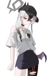  1girl absurdres black_choker black_hair black_hat black_horns black_pantyhose black_skirt blue_archive casual choker closed_mouth collarbone commentary cowboy_shot demon_horns ear_piercing earphones earrings hair_between_eyes halo hat highres horns jewelry kayoko_(blue_archive) korean_commentary looking_at_viewer mopi_(oooo5412) multicolored_hair pantyhose piercing purple_wings red_eyes shirt short_sleeves simple_background single_leg_pantyhose single_wing skirt solo standing two-tone_hair white_background white_hair white_shirt wings 