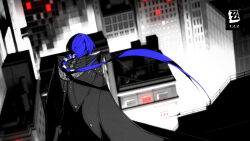  1girl absurdres black_cloak blue_hair building cityscape cloak commentary copyright_logo english_commentary floating_hair from_behind highres logo long_hair official_art official_wallpaper on_roof promeia_(zenless_zone_zero) solo very_long_hair zenless_zone_zero 