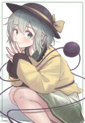  1girl absurdres black_hat blush border bow buttons closed_mouth collared_shirt commentary diamond_button disembodied_linked_eye english_commentary eyeball floral_print frilled_shirt_collar frilled_sleeves frills green_border green_eyes green_hair green_skirt hat hat_bow highres inset_border komeiji_koishi long_sleeves looking_at_viewer m1saki_1 medium_hair outside_border print_skirt rose_print shirt skirt smile solo squatting touhou wide_sleeves yellow_bow yellow_shirt 