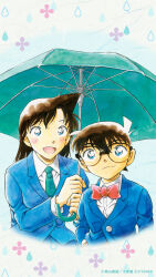  1boy 1girl :d aoyama_goushou black_hair blazer blue_eyes blue_jacket blush bow bowtie closed_mouth collared_shirt copyright_notice cropped_torso edogawa_conan green_necktie green_umbrella hands_in_pockets highres holding holding_umbrella jacket long_hair long_sleeves looking_at_viewer meitantei_conan mouri_ran necktie non-web_source official_art official_wallpaper open_mouth painting_(medium) red_bow red_bowtie school_uniform shirt short_hair smile teitan_high_school_uniform traditional_media umbrella watercolor_(medium) white_shirt winter_uniform 