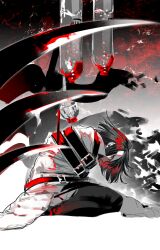  1girl angry bandage_over_one_eye bandaged_head bandages belt black_hair black_pants black_smoke blood blunt_bangs blunt_ends bob_cut bound bound_arms bound_torso e.g.o_(project_moon) from_side full_body highres hunched_over jacket limbus_company looking_at_viewer mask menacing on_ground pants project_moon red_eyes red_light respirator restrained ryoshu_(project_moon) seiza shaguo_jiangyou_(liangxiu_meng_nu_shen_guan) shirt short_hair sitting smoke solo straitjacket strap thoracalgia_(e.g.o) white_shirt wide-eyed 