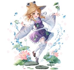  1girl :d animal_print blonde_hair brown_hat brown_shoes bubble bud flower frog frog_print full_body game_asset hair_ribbon hat lily_pad long_hair long_sleeves lotus lotus_leaf moriya_suwako non-web_source official_art open_mouth petticoat pink_flower pongu purple_skirt purple_vest red_ribbon ribbon self-datamine shoes sidelocks simple_background skirt skirt_set smile solo splashing teeth thigh-highs touhou touhou_arcadia_record transparent_background upper_teeth_only vest water water_drop wide_sleeves yellow_eyes zettai_ryouiki 
