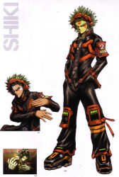  1boy absurdres artbook beatmania_iidx bemani black_jacket black_pants black_shoes character_name cyber_fashion facial_hair full_body goli_matsumoto green_hair hands_in_pockets headphones highres jacket long_sleeves male_focus multiple_views official_art pants scan shiki_(beatmania) shoes short_hair simple_background spiky_hair standing third-party_source white_background 