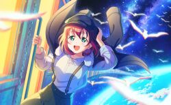  1girl :d aqua_eyes aurora bird building city_lights clouds commentary_request constellation cosplay crescent_moon earth_(planet) full_moon fur_trim galaxy game_asset hat highres jacket kurosawa_ruby letterboxed light_particles love_live! love_live!_sunshine!! milky_way moon moonlight night non-web_source official_art open_mouth pillarboxed planet red_hair self-datamine shooting_star skirt sky skyscraper smile solo space spacecraft star_(sky) star_(symbol) starry_sky starry_sky_print suspender_skirt suspenders telescope ufo wang_xue wang_xue_(cosplay) world_dai_star 