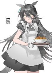 1girl absurdres ahoge animal_ears apron black_dress black_hair blush closed_mouth commentary_request dress ear_tag earrings food frown gloves hair_between_eyes highres holding holding_tray horse_ears horse_girl horse_tail jewelry long_bangs long_hair long_hair_between_eyes looking_at_viewer maid maid_apron manhattan_cafe_(umamusume) mixed-language_commentary multicolored_hair puffy_short_sleeves puffy_sleeves short_sleeves single_earring solo steaming_food sweatdrop tail tray umamusume very_long_hair wazawai_(isotwen) white_apron white_gloves white_hair yellow_eyes 