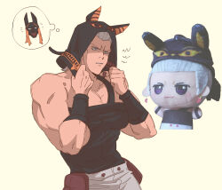  >:( absurdres animal_hood annoyed anubis_(stand) black_tank_top blue_eyes broken_heart_earrings commentary dog dog_hood earrings grumpy hands_up highres hood jean_pierre_polnareff jewelry jojo_no_kimyou_na_bouken male_focus mori_(enignuma797) muscular muscular_male pants photo_inset pouch shaded_face simple_background single_strap speech_bubble stardust_crusaders stuffed_toy tank_top thought_bubble untranslatable_commentary v-shaped_eyebrows white_background white_hair white_pants wristband 