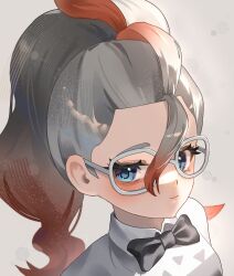  1girl black_bow black_bowtie blue_eyes bow bowtie commentary_request glasses gradient_hair griselle_(pokemon) highres korean_commentary looking_at_viewer multicolored_hair naz_(hsae3838) pokemon pokemon_legends:_z-a ponytail portrait red_hair shirt simple_background smile solo two-tone_hair white-framed_eyewear white_hair white_shirt 