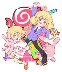  1boy 1girl arm_up blonde_hair blue_jacket brown_eyes candy clothes_writing commission cosplay costume_switch crocs food futaba_anzu haninozuka_mitsukuni idolmaster inkerton-kun jacket long_hair looking_at_viewer low_twintails open_mouth ouran_high_school_host_club ouran_high_school_uniform profanity school_uniform second-party_source shirt short_hair short_sleeves smile stuffed_animal stuffed_rabbit stuffed_toy twintails white_shirt 
