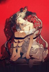  1girl barefoot black_hair blue_eyes blue_nails breasts brown_hair chair chinese_commentary collar collarbone commentary_request dress frilled_collar frills full_body head_down highres holding holding_knife knees_to_chest knees_up knife long_hair looking_to_the_side multicolored_hair muyihui on_chair original red_background simple_background single_off_shoulder small_breasts solo toenails two-tone_hair white_collar white_dress 
