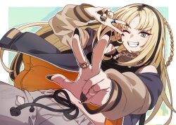  1girl :3 :d ;d arm_up artist_name black_jacket black_nails black_shirt black_streaks black_tank_top blonde_hair border braid breasts chain chain_around_neck chain_necklace commentary_request cowboy_shot crop_top cropped_shirt dot_nose dutch_angle fangs fingernails floating_hair foreshortening from_below green_background green_eyes grey_pants grin halterneck highres hololive hololive_dev_is jacket jewelry koganei_niko koganei_niko_(1st_costume) letterman_jacket long_fingernails long_hair looking_at_viewer medium_breasts middle_part multicolored_hair multicolored_jacket multiple_rings nail_polish navel necklace off-shoulder_jacket off_shoulder one_eye_closed outline outside_border outstretched_arm pants parted_bangs raglan_sleeves ring see-through_clothes see-through_shirt sharp_fingernails shirt side_braid sidelocks signature sleeveless sleeveless_shirt sleeves_past_wrists slit_pupils smile solo streaked_hair sukajan sushida_hayari sweatpants tank_top torn_clothes torn_pants twitter_username two-tone_hair v v-shaped_eyebrows v_over_eye virtual_youtuber w white_border white_outline zipper 
