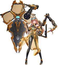  1girl absurdres bare_shoulders blue_eyes breasts brown_hair commentary_request full_body gloves goggles goggles_on_head green_eyes gun hand_on_own_hip highres hk419 holding holding_weapon long_hair looking_at_viewer mecha_musume original science_fiction see-through_clothes shield solo standing tachi-e transparent_background weapon 