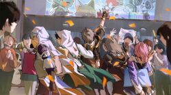  arm_up bag black_gloves black_hair black_jacket caelus_(honkai:_star_rail) cloak coat commentary confetti crowd dan_heng_(honkai:_star_rail) fingerless_gloves gloves grey_hair highres honkai:_star_rail honkai_(series) hood hood_up hooded_cloak hooded_coat hooded_jacket jacket long_hair march_7th_(honkai:_star_rail) medium_hair oh_my_julai pink_hair screen short_hair stelle_(honkai:_star_rail) sunday_(honkai:_star_rail) tote_bag trailblazer_(honkai:_star_rail) v white_hair 