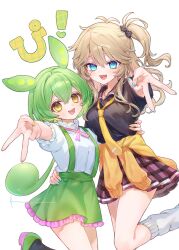  2girls :d arm_around_another's_waist black_shirt blonde_hair blue_eyes blue_nails cardigan cardigan_around_waist clothes_around_waist collared_shirt fang fuyu_(xxfylia) green_hair green_shorts gyaru_v hair_between_eyes highres kasukabe_tsumugi leg_warmers long_hair looking_at_viewer multiple_girls necktie one_side_up open_mouth shirt short_sleeves shorts signature skirt smile standing standing_on_one_leg suspenders v voicevox white_background white_leg_warmers white_shirt yellow_cardigan yellow_eyes yellow_necktie zundamon 
