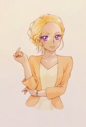  1girl aged_up aizen_(syoshiyuki) amamiya_elena blonde_hair commentary_request cropped_torso dark-skinned_female dark_skin highres jacket jewelry mole mole_under_eye necklace one-hour_drawing_challenge orange_jacket pearl_necklace precure short_hair sidelocks simple_background solo star_twinkle_precure upper_body violet_eyes 